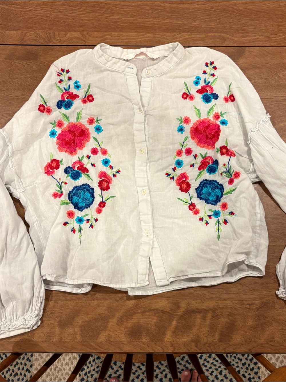 Zara White Button-Down Blouse with Pink & Blue Floral Embroidery